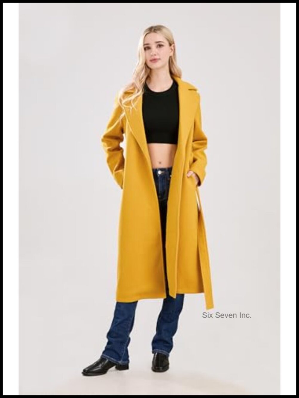 Womens Long Wool Pea Coat Belted Notched Collar Open Front Trench Coat - Picture 4 of 6